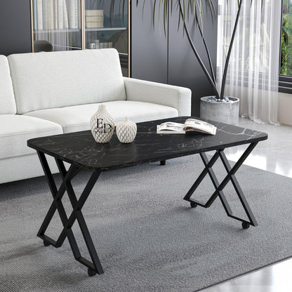 Table basse MILANO – Plateau marbre noir – Piètement X métal noir – Roulettes ou bouchons