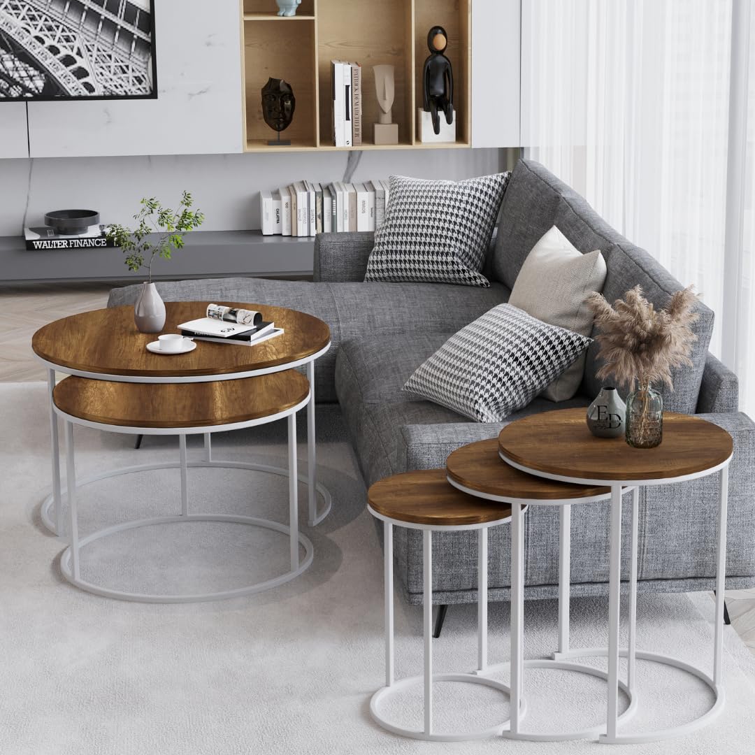 Tables d’appoint gigognes rondes Paris lot de 3 bois foncé structure métal blanc