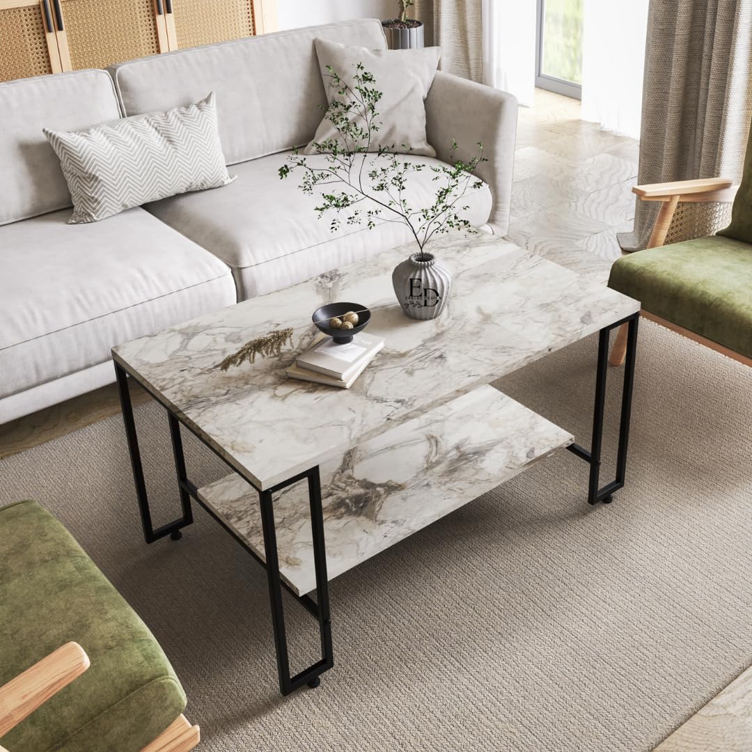 Table basse rectangulaire Nury avec étagère, plateau marbre blanc, structure métal noir