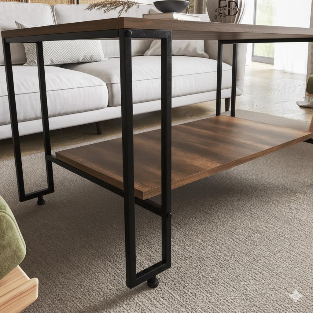 Table basse rectangulaire Nury avec étagère, plateau bois foncé, structure métal noir