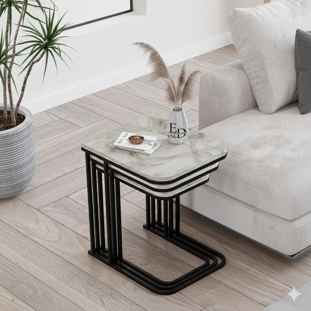 Tables d’appoint gigognes Lyon – Lot de 3 – Marbre blanc – Métal noir