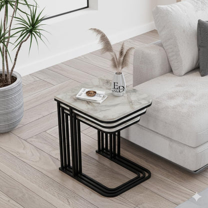 Tables d’appoint gigognes Lyon – Lot de 3 – Marbre blanc – Métal noir