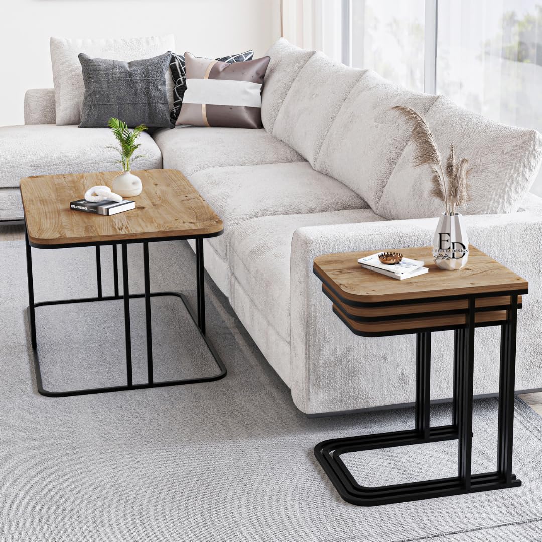 Tables d’appoint gigognes Lyon – Lot de 3 – Bois clair – Métal noir