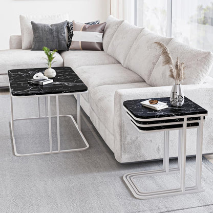 Tables d’appoint gigognes Lyon – Lot de 3 – Marbre noir – Métal blanc
