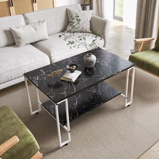 Table basse rectangulaire Nury avec étagère, plateau effet marbre noir, structure métal blanc