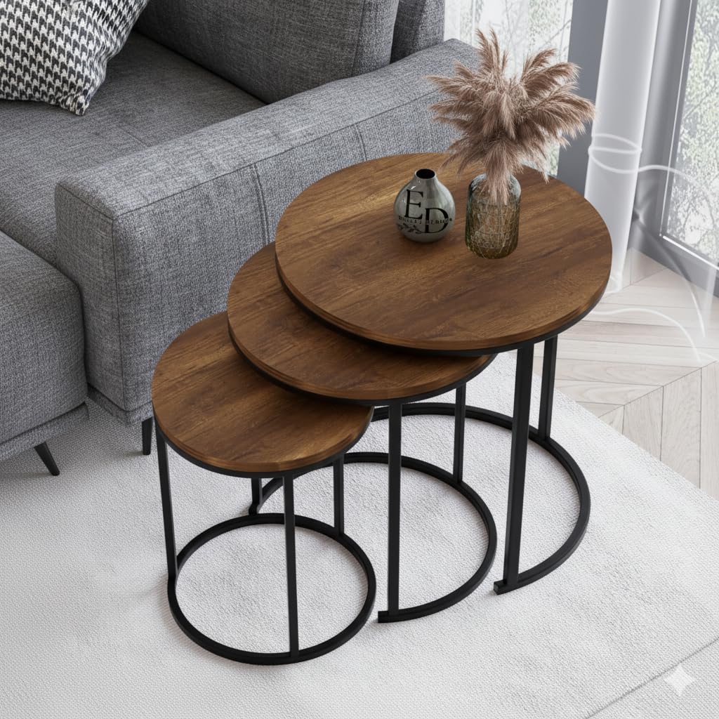 Tables d’appoint gigognes rondes Paris lot de 3 bois foncé structure métal noir