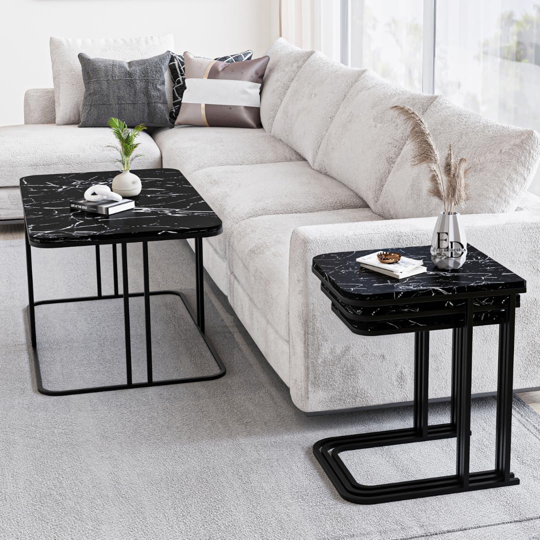 Tables d’appoint gigognes Lyon – Lot de 3 – Marbre noir – Métal noir
