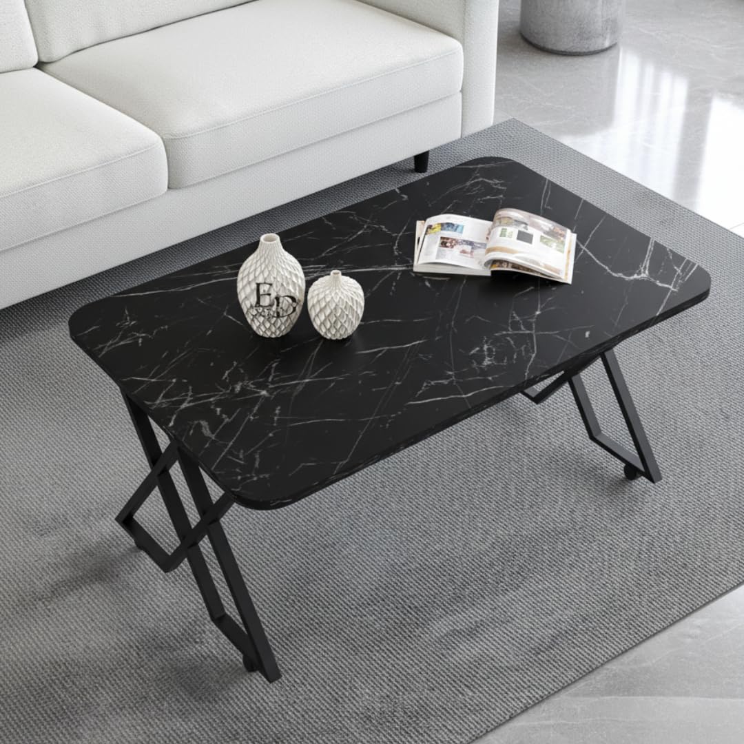 Table basse MILANO – Plateau marbre noir – Piètement X métal noir – Roulettes ou bouchons
