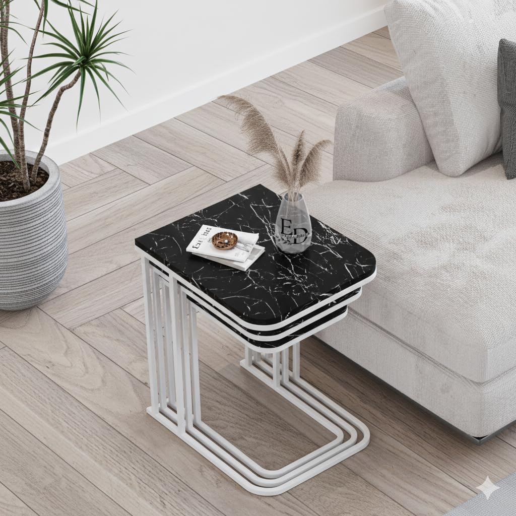 Tables d’appoint gigognes Lyon – Lot de 3 – Marbre noir – Métal blanc