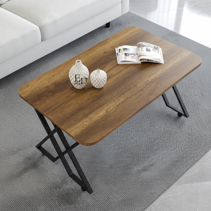 Table basse MILANO – Plateau bois foncé – Piètement X métal noir – Roulettes ou bouchons