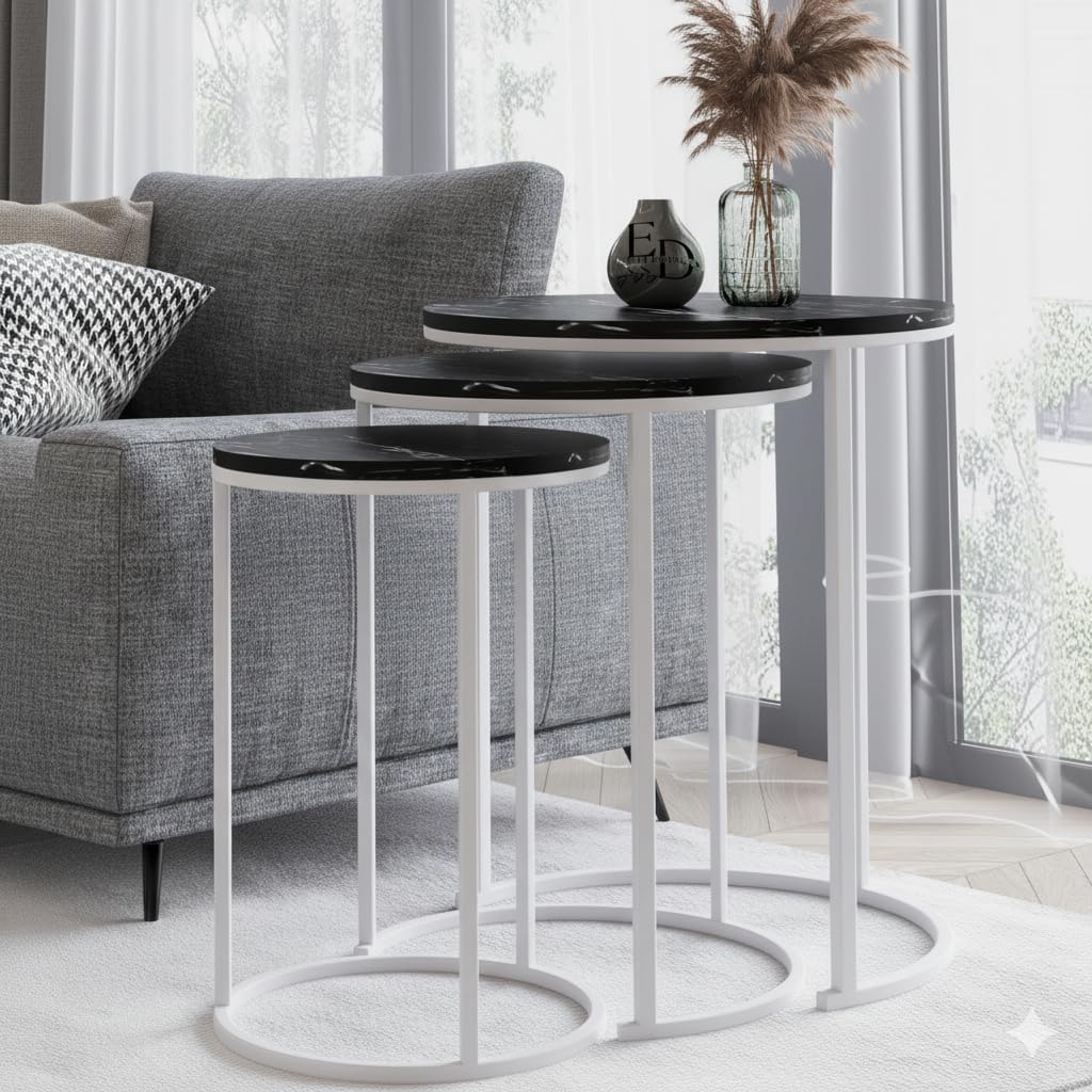 Tables d’appoint gigognes rondes Paris lot de 3 marbre noir structure métal blanc