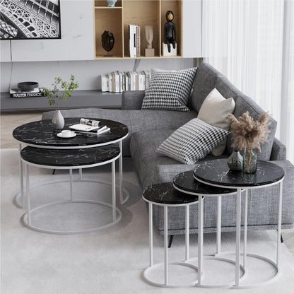 Tables d’appoint gigognes rondes Paris lot de 3 marbre noir structure métal blanc