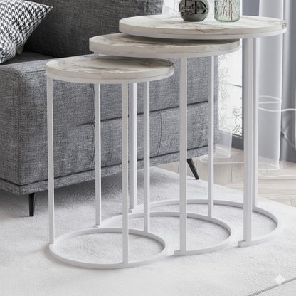 Tables d’appoint gigognes rondes Paris lot de 3 marbre blanc structure métal blanc