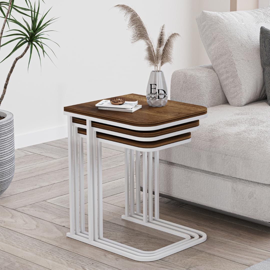 Tables d’appoint gigognes Lyon – Lot de 3 – Bois foncé – Structure métal blanc