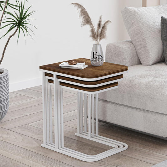 Tables d’appoint gigognes Lyon – Lot de 3 – Bois foncé – Structure métal blanc