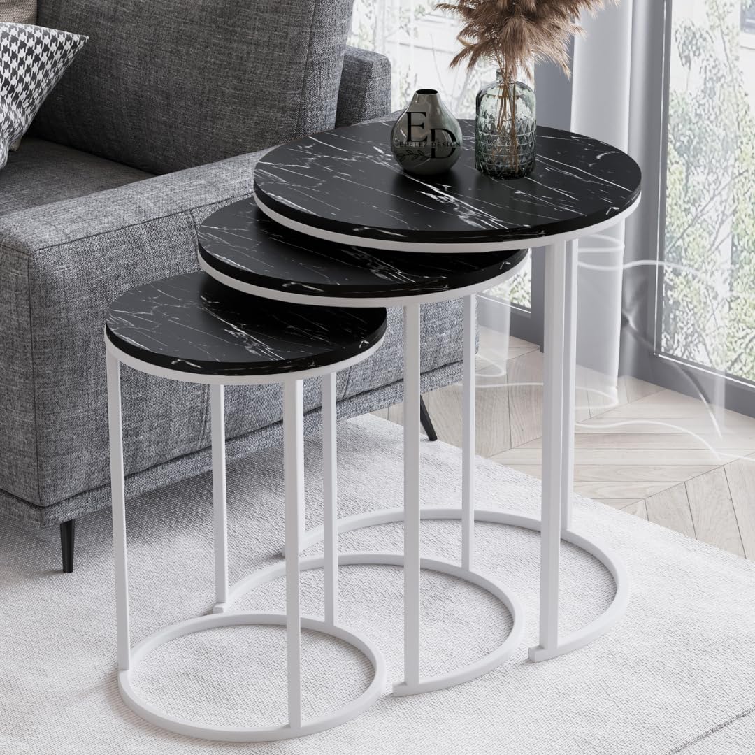 Tables d’appoint gigognes rondes Paris lot de 3 marbre noir structure métal blanc