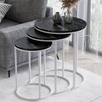 Tables d’appoint gigognes rondes Paris lot de 3 marbre noir structure métal blanc
