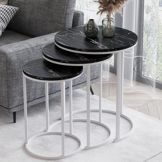 Tables d’appoint gigognes rondes Paris lot de 3 marbre noir structure métal blanc