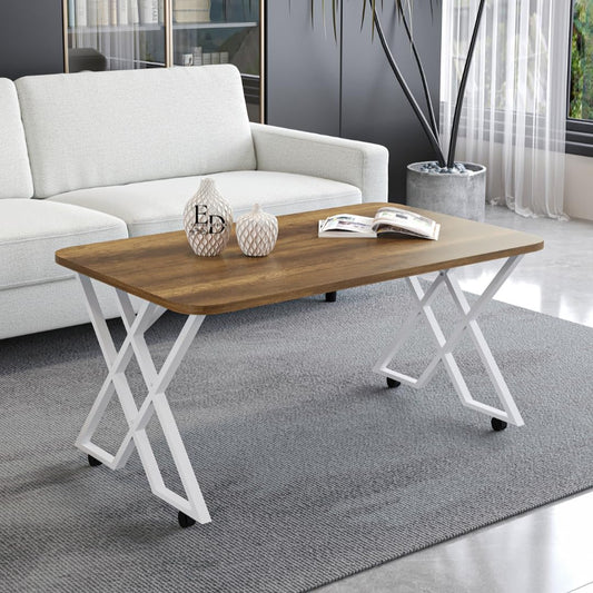 Table basse MILANO rectangulaire – Plateau bois foncé et structure métal blanche avec roulettes