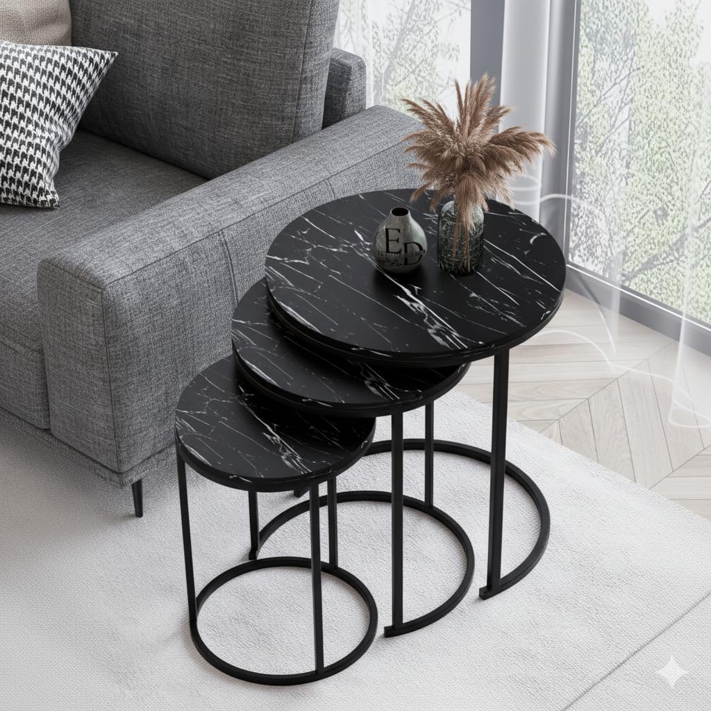 Tables d’appoint gigognes rondes Paris lot de 3 marbre noir structure métal noir
