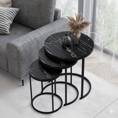 Tables d’appoint gigognes rondes Paris lot de 3 marbre noir structure métal noir