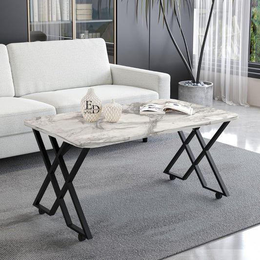 Table basse MILANO – Plateau marbre blanc – Piètement X métal noir – Roulettes ou bouchons