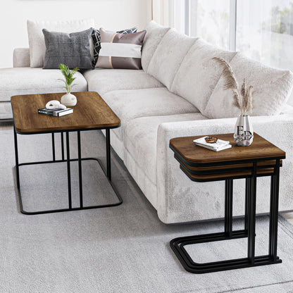 Tables d’appoint gigognes Lyon – Lot de 3 – Bois foncé – Métal noir