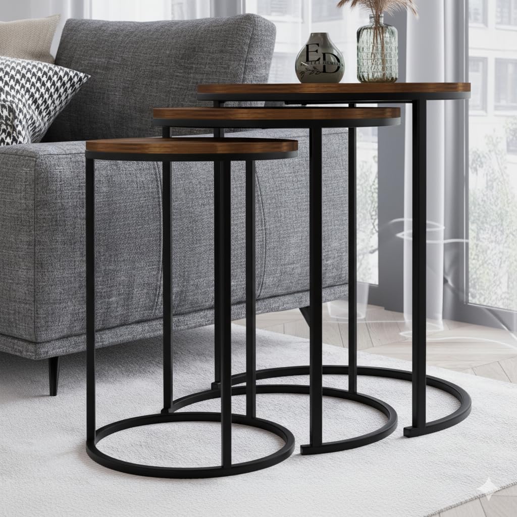 Tables d’appoint gigognes rondes Paris lot de 3 bois foncé structure métal noir