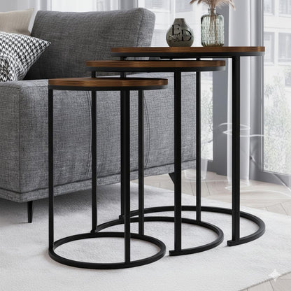 Tables d’appoint gigognes rondes Paris lot de 3 bois foncé structure métal noir