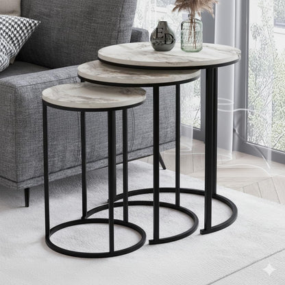 Tables d’appoint gigognes rondes Paris lot de 3 marbre blanc structure métal noir