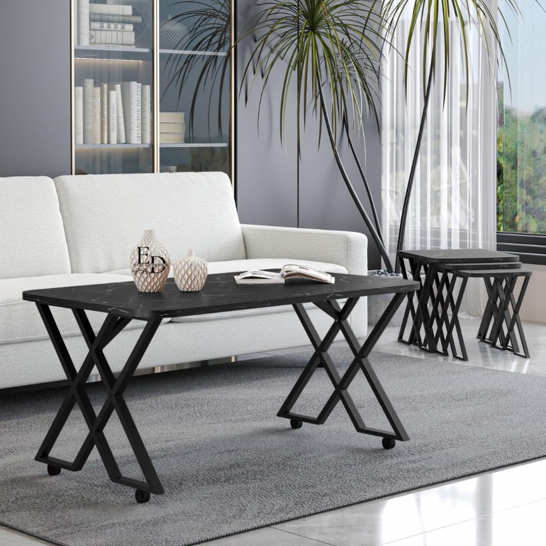 Table basse MILANO – Plateau marbre noir – Piètement X métal noir – Roulettes ou bouchons