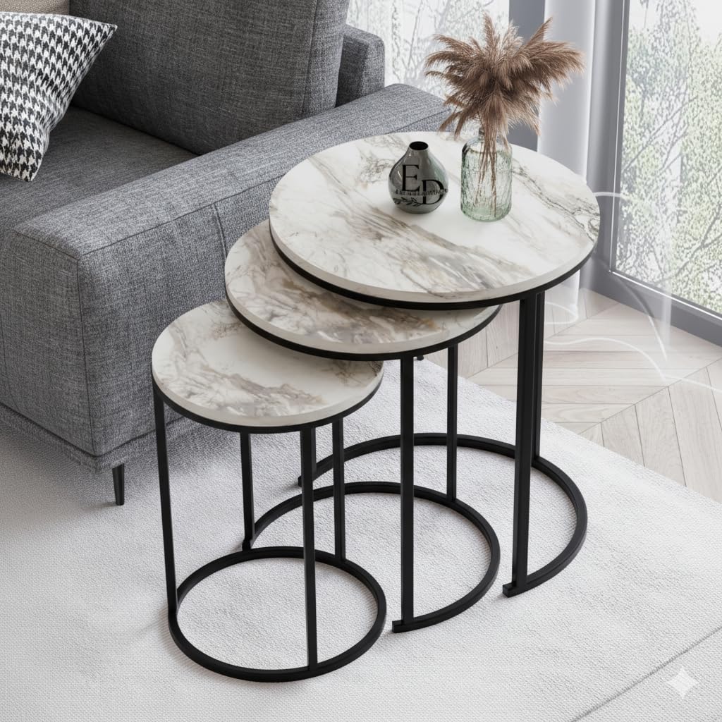 Tables d’appoint gigognes rondes Paris lot de 3 marbre blanc structure métal noir