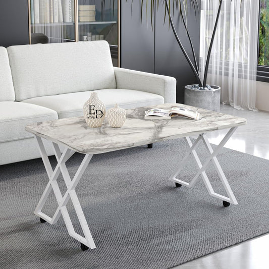 Table basse MILANO – Plateau marbre blanc – Piètement X métal blanc – Roulettes ou bouchons