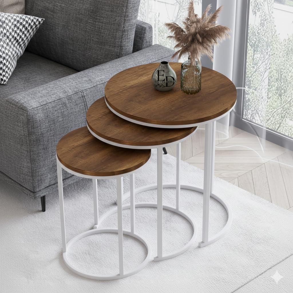 Tables d’appoint gigognes rondes Paris lot de 3 bois foncé structure métal blanc