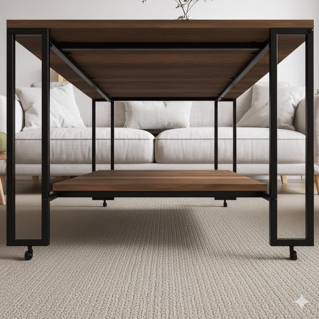 Table basse rectangulaire Nury avec étagère, plateau bois foncé, structure métal noir