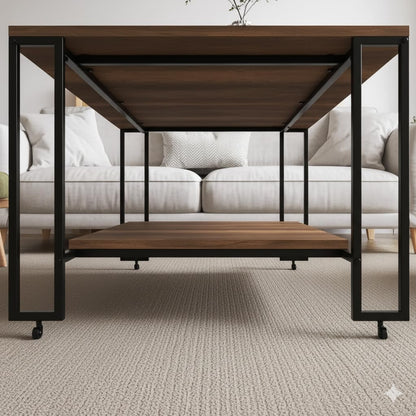 Table basse rectangulaire Nury avec étagère, plateau bois foncé, structure métal noir