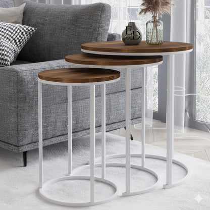 Tables d’appoint gigognes rondes Paris lot de 3 bois foncé structure métal blanc