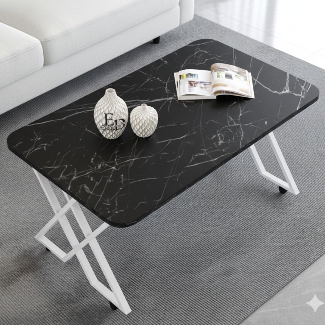 Table basse MILANO – Plateau marbre noir – Piètement X métal blanc – Roulettes ou bouchons