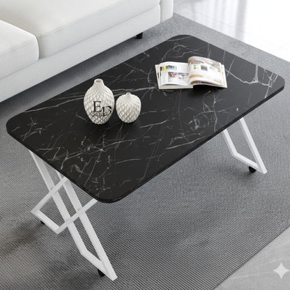 Table basse MILANO – Plateau marbre noir – Piètement X métal blanc – Roulettes ou bouchons
