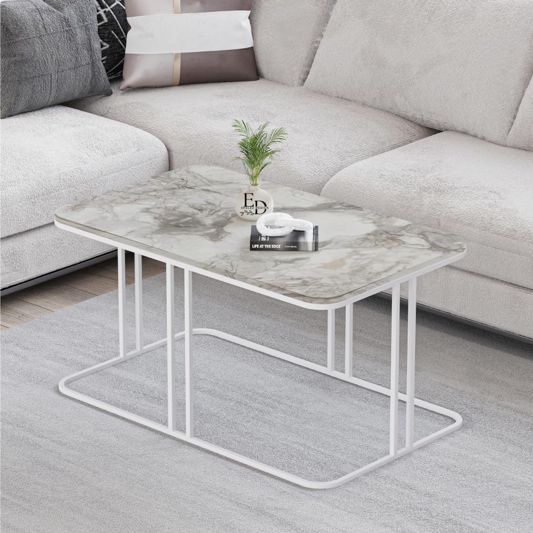 Table basse Lyon rectangulaire marbre blanc structure métal blanc