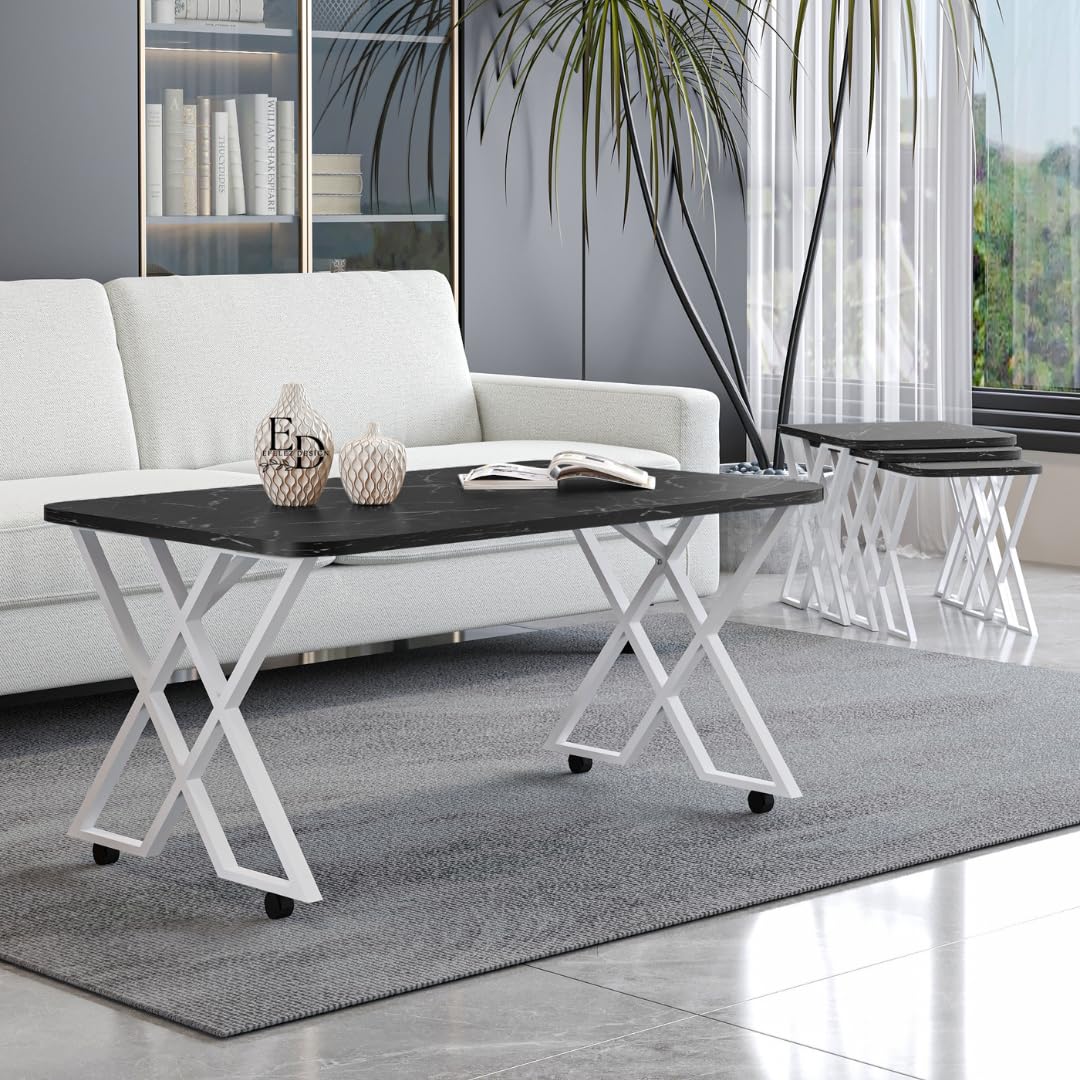 Table basse MILANO – Plateau marbre noir – Piètement X métal blanc – Roulettes ou bouchons