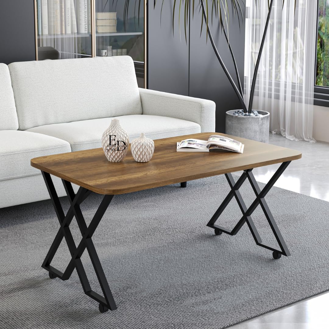 Table basse MILANO – Plateau bois foncé – Piètement X métal noir – Roulettes ou bouchons