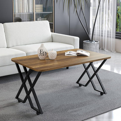 Table basse MILANO – Plateau bois foncé – Piètement X métal noir – Roulettes ou bouchons