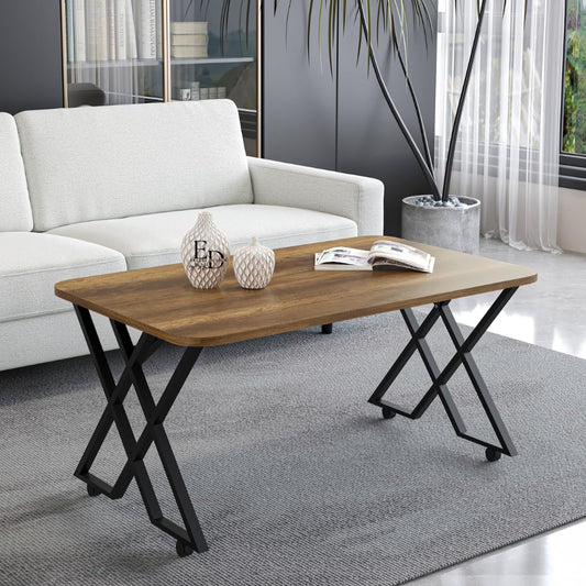 Table basse MILANO – Plateau bois foncé – Piètement X métal noir – Roulettes ou bouchons