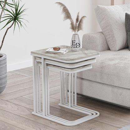 Tables d’appoint gigognes Lyon – Lot de 3 – Marbre blanc – Métal blanc