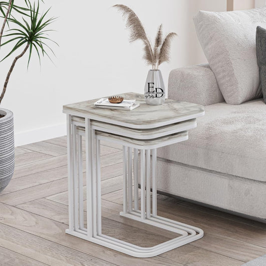 Tables d’appoint gigognes Lyon – Lot de 3 – Marbre blanc – Métal blanc