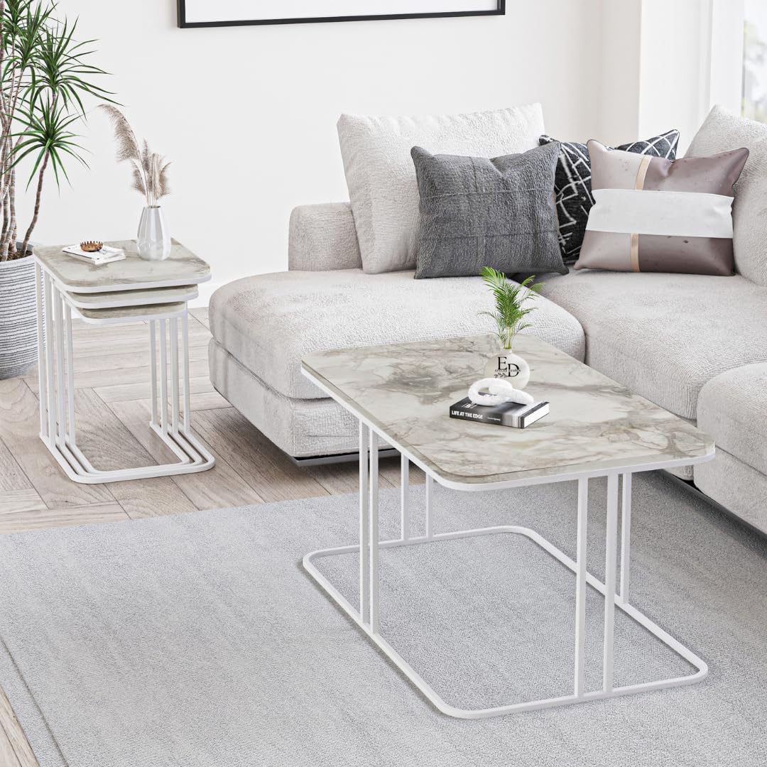 Table basse Lyon rectangulaire marbre blanc structure métal blanc