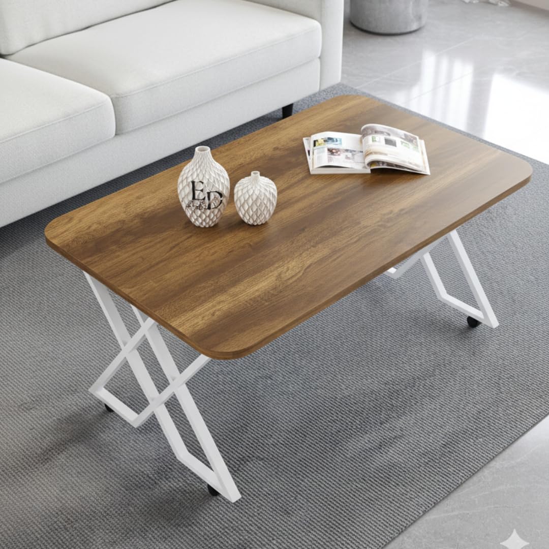 Table basse MILANO rectangulaire – Plateau bois foncé et structure métal blanche avec roulettes