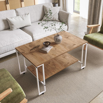 Table basse rectangulaire Nury avec étagère, plateau effet bois, structure métal blanc