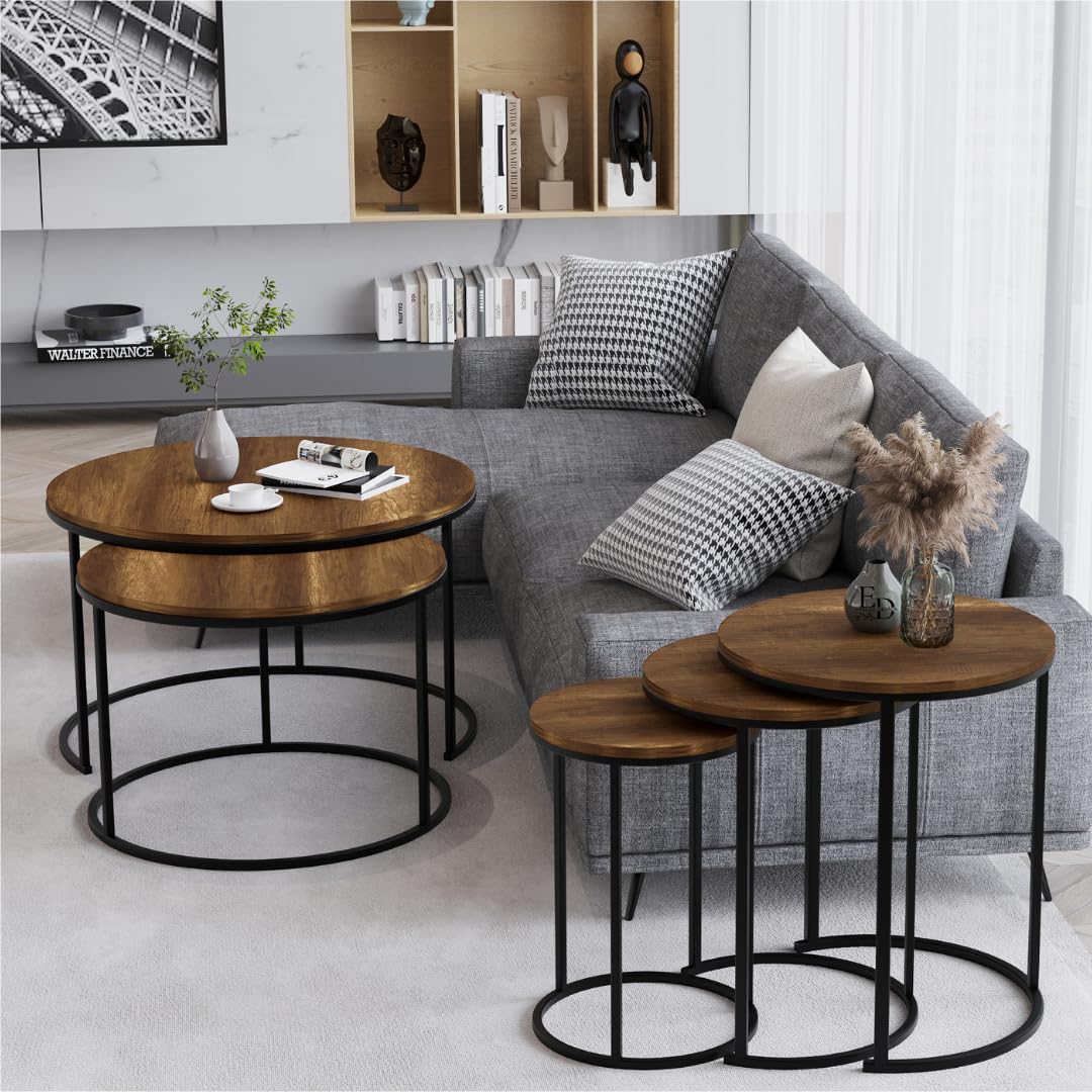 Tables d’appoint gigognes rondes Paris lot de 3 bois foncé structure métal noir